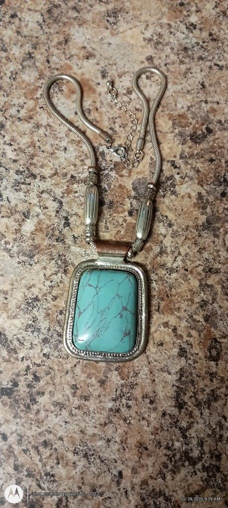 Vintage Navajo Turquoise And Sterling Silver Pennant Necklace