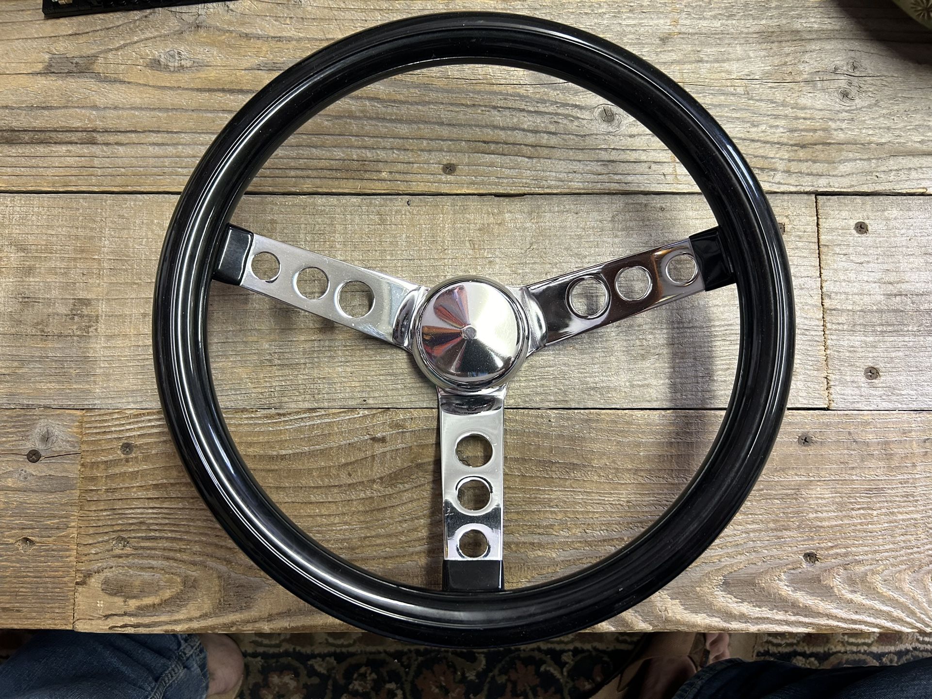Black Superior 500 Type Hot Rod 3 Hole Steering Wheel With Horn Button