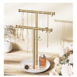 Gold Necklace Rack Stand with Storage Tray - 2 Rods T-Shaped Jewelry Holder Stand for Bracelets, Earrings, Rings | Elegant Vanity & Dresser Top Storag