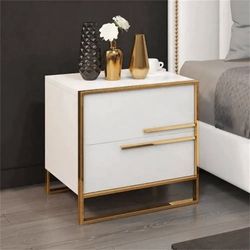 Minimalist Design Nightstand With 2 Drawers With Gold Base