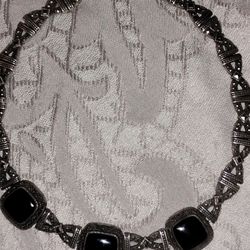 Beautiful Black Onyx And Marcasite Sterling Silver Necklace 