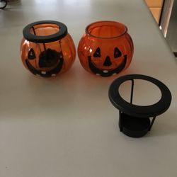 2 Pumpkin, Smiling Jack O Lantern ,Orange Glass Tea light Holders. Great To Light Up The Table And Centerpiece . Both For $7