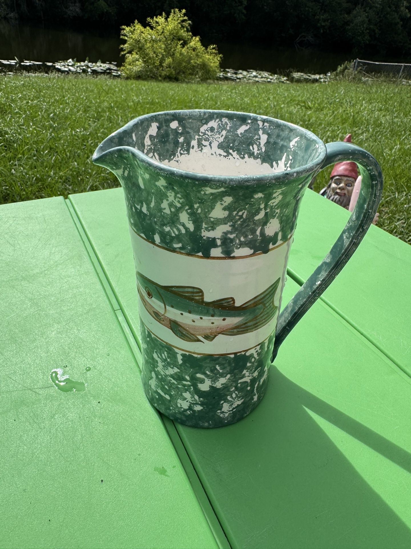 Vtg Shard of Maine Pottery Tall 7.5" Vase Maine Spongeware Trout Fish