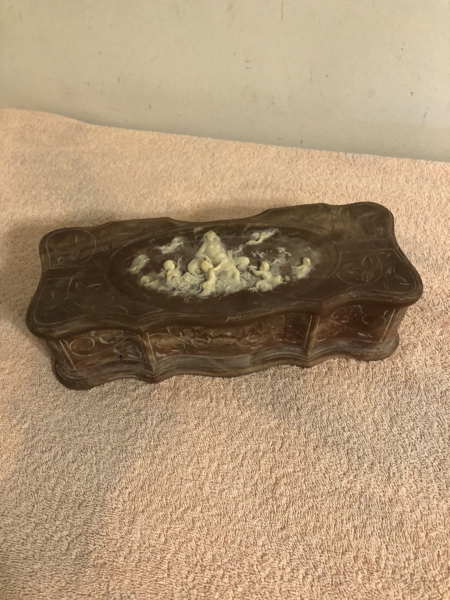 Vintage Incolay Genuine Stone Rectangle Jewelry Box 11” Long Signed