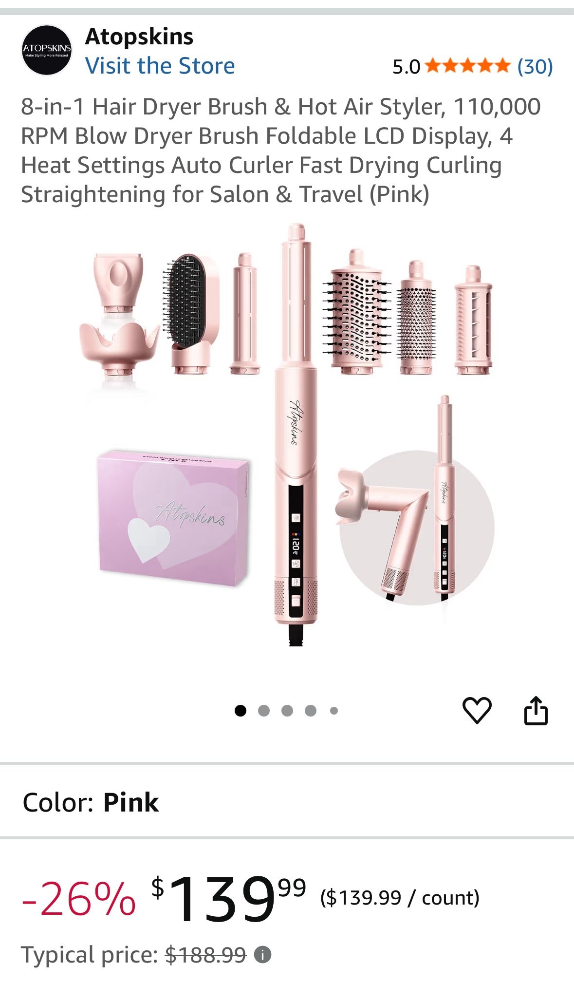 New. 8-in-1 Hair Dryer Brush & Hot Air Styler, 110,000 RPM Blow Dryer Brush Foldable LCD Display, 4 Heat Settings Auto Curler Fast Drying Curling Stra