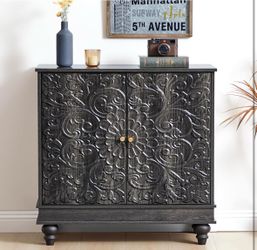31” Accent Storage Cabinet, Floral Embossed 2 Door Sideboard (Black-Brown)