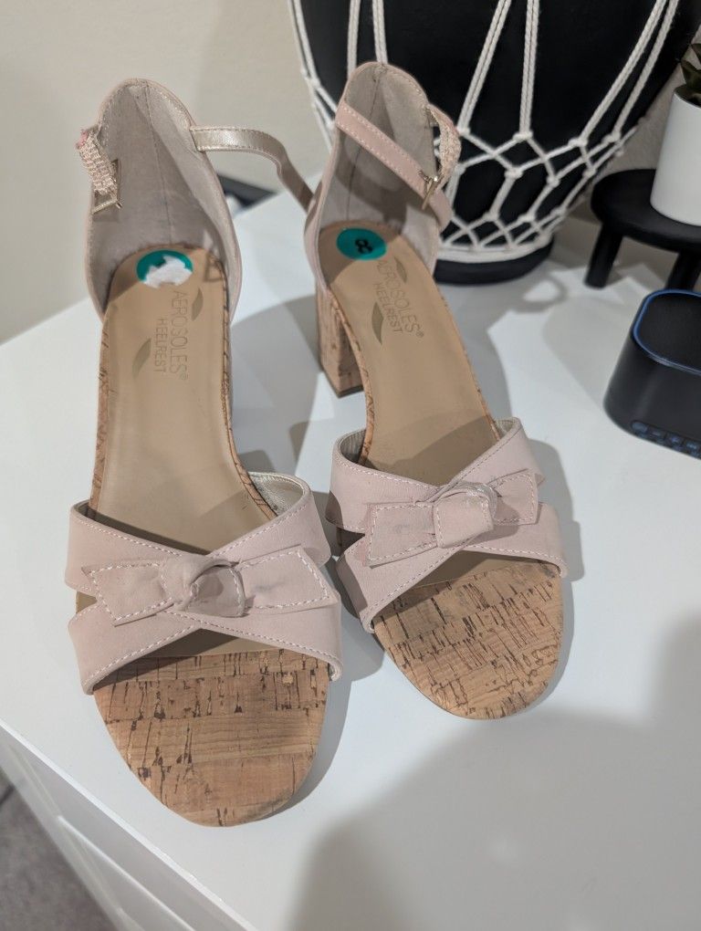 Aerosoles Heelrest Pink/beige Cork Heel Strap Shoes Ladies 8