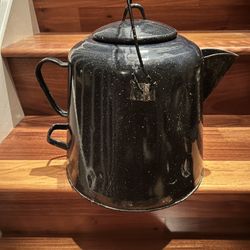 Antique Blue Granite Ware Cowboy  Coffee Pot With Wire Handle