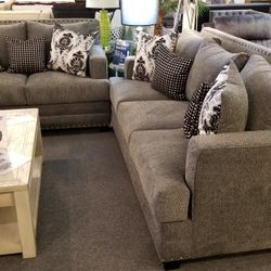 Brand New Gray Fabric Studded Sofa + Loveseat 2PCs Set