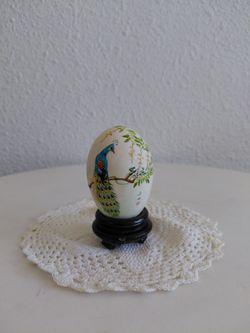 Asian Hand Painted Egg Shell Peacock Flowers  On the Wooden