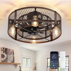 Flush Mount Ceiling Fan: 20" Caged Ceiling Fans with Lights and Remote App Control for Kitchen Bedroom Farmhouse - Rustic Low Profile Ceiling Fandelie