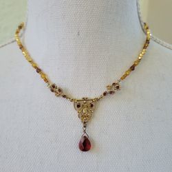 Vintage Cookie Lee Y Drop Necklace Glass Rhinestones Red Pink Yellow Beads 19"