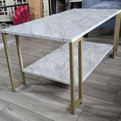 New Modern Faux Marble Coffee Table, 2-Tier Rectangle Accent End Table Furniture with Metal Frame for Living Room Office, White