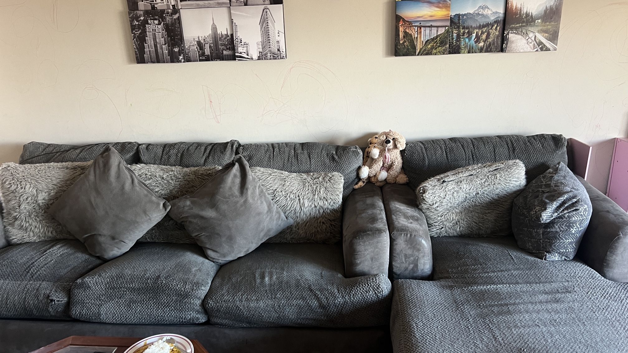 Soft plush Sofa 3 seater set and Chaise chair with decorative pillows