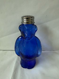 Vintage Cobalt Blue Glass Spicy Bear Shaker with Silver Tone Metal Cap