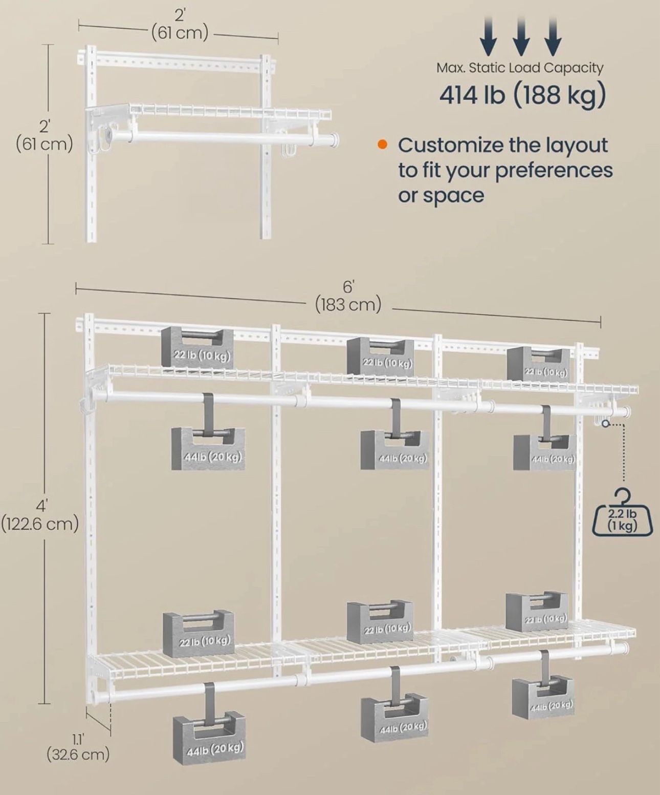 SONGMICS HOME Closet System Insert Organizer Adjustable Metal Shelving Unit 4-8 ft - White