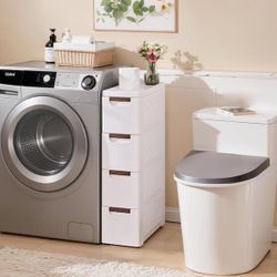 Narrow Bathroom Storage Cabinet with 4-Drawers, Slim Rolling Accent Storage Organizer with Wheels, White brand new in box $38 A494