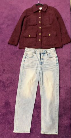 Burgundy Textured Jacket XS & American Eagle Jeans Size 6 – Stylish Outfit Bundle