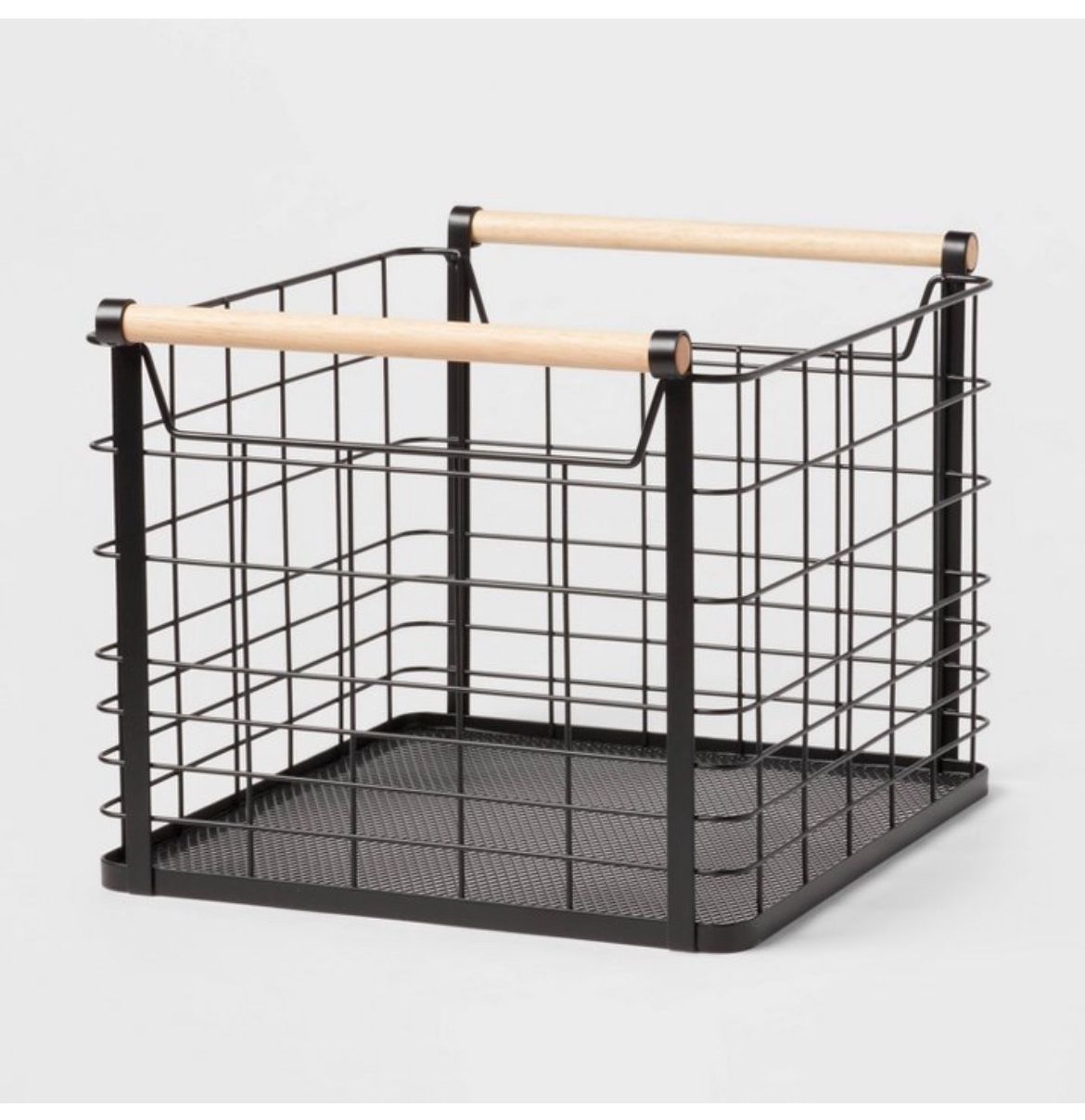 Large Wire Natural Wood Handles Milk Crate Black - Brightroomâ„¢: Powder-Coated Metal Storage Basket with Handles
