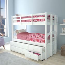Brand New White Twin/Twin Bunk Bed with Pullout Trundle and Storage Drawers