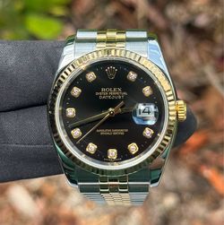 2005 Rolex Datejust 36mm 116233 black diamond dial two tone 18k yellow gold stainless steel super jubilee bracelet watch box tag appraisal