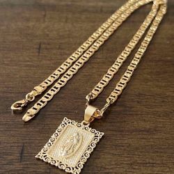 Gold Filled Square Virgin Mary With 20 Inch Mariner Necklace
