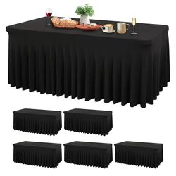 6 Pack Black Spandex Table Cloths for Rectangle Tables 6ft - One-Piece Wrinkle Free Fitted Table Cover 6 Foot Table Stretch Tablecloths for Party, Ban