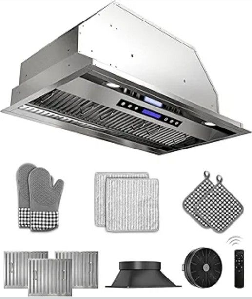 42 inch Stainless Steel Insert Range Hood - 900 CFM, Ultra-Quiet 4-Speed Vent, Touch/Remote Control, LED Lights, Ducted/Ductless Convertible