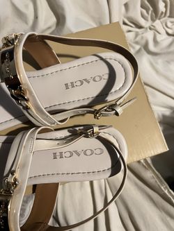 Coach Caterine Ivory Patent Leather T-Strap Thong Sandals Sling Back Flats