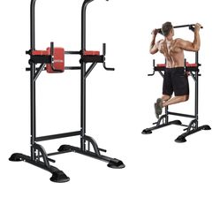 Power Tower Dip Station, Pull Up Bar Stand Height Adjustable Strength Training Equipment for Fitness Home Workout, Red/Black