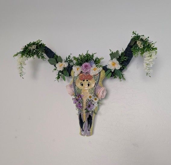 Enchanted Pasture - Custom Rhinestone & Floral Bullhead Skull Wall Art with Denim Accents