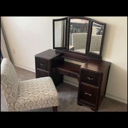 Antique Dressing Table With Tri Fold Mirror And Chair