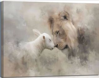 New 16x24” Framed Lion &Lamb Canvas Wall Art Neutral Christian Poster Print Abstract Religious Decor