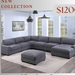 Grey Sectional Sofa - Modular Sectional - Deep Seating -  Plush Corduroy Fabric