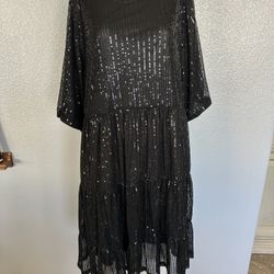 Women's Sequin Plus Size Mini Dress Short Sleeve Scoop Neck Pleated Size XL
