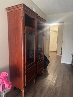 Ornate Wood Armoire with Glass Doors