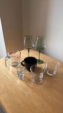 Wine glasses, whiskey glasses, measuring cup and more