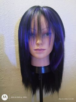 Black and blue synthetic wig with bangs color blue shoulder length