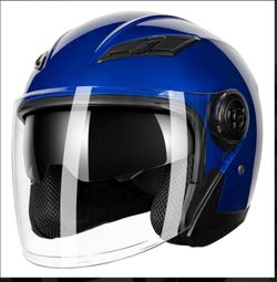 Blue Open-Face Motorcycle Helmet with Visor