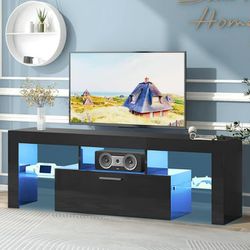 uhomepro TV Stand for TVs up to 55", Living Room Entertainment Center with RGB LED Lights and Storage Shelves Furniture, Black High Gloss TV Cabinet 