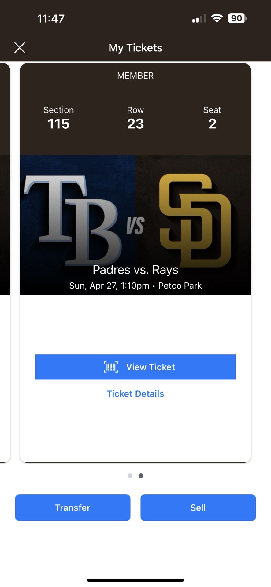 Two tickets to tonight’s Padres Vs Rays game 