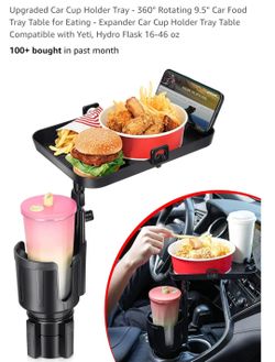 Upgraded Car Cup Holder Tray - 360° Rotating 9.5" Car Food Tray Table for Eating - Expander Car Cup Holder Tray Table Compatible with Yeti, Hydro Flas