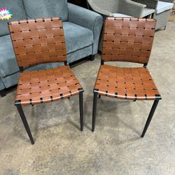 2pk Wellfleet Woven Leather Metal Base Dining Chair Brown
