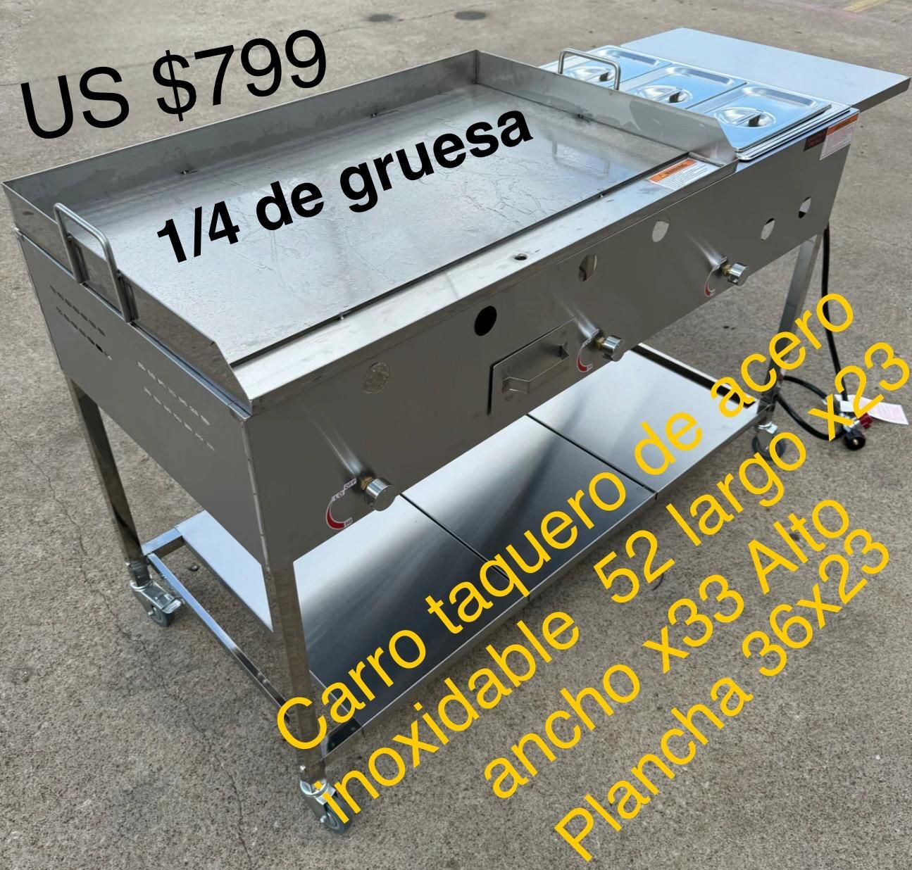 Carros taqueros de acero inoxidable con plancha grande y 3 baños maria