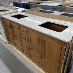 Bathroom vanity cabinet 72” full Teak Quartz top with sink