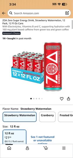 ZOA Zero Sugar Energy Drink Strawberry Watermelon 12-Pack