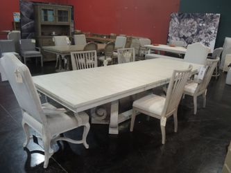 Rectangle Dining Table - Whitewash Wood Scroll Pedestal Base, Seats 6-8