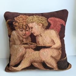 Handmade Wool Needlepoint Pillow Two Cherubs 15"