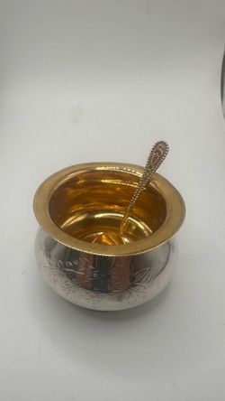 Vintage Collectible USSR Gilt Silver 875 Engraved Bowl Salt Cellar Spoon