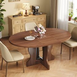 Extendable Round Dining Table for 4-6, 43.3"-59" Oval Dining Table with Heavy Duty Wood Base and Hidden Extension